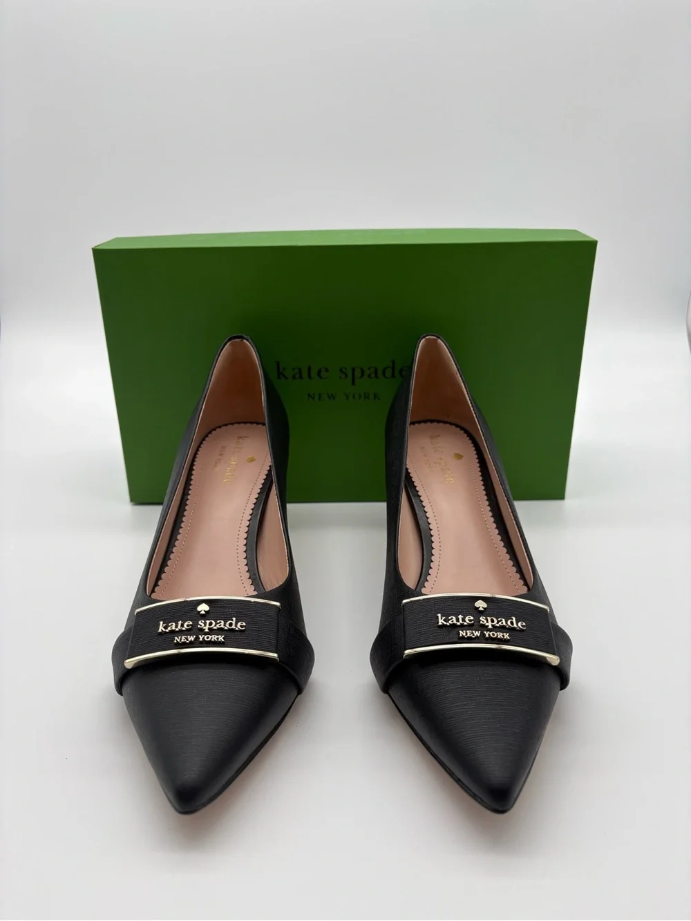 Kate Spade Women Daniella Saffiano Black Leather Pointed Toe Kitten Heels 9B